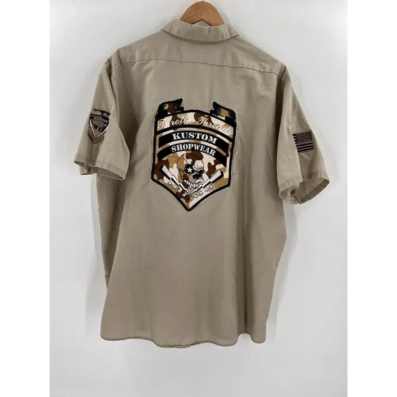 Throttle Threads Camo Skull Shirt Mens 2XL Brown Button Up Kustom Shop Wear - Picture 3 of 13